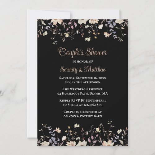 Elegant Floral Black Boho Couples Bridal Shower Invitation