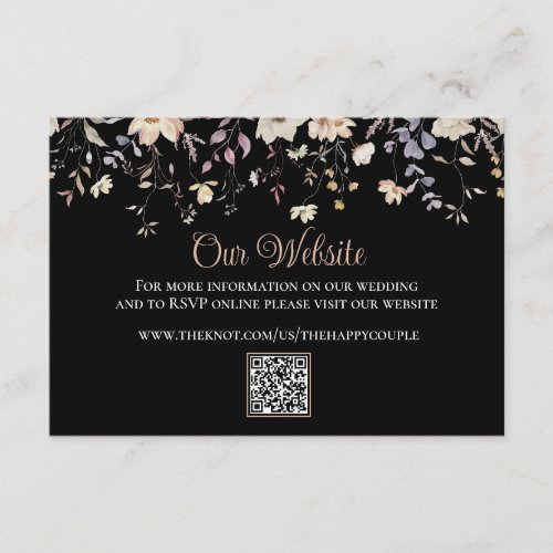 Elegant Floral Black Boho QR Code Wedding Website Enclosure Card