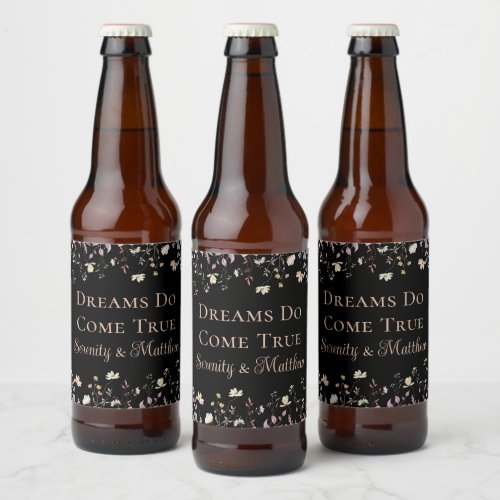 Elegant Floral Black Boho Wedding Reception Beer Bottle Label