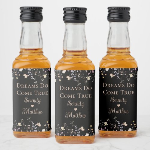 Elegant Floral Black Boho Wedding Reception Liquor Bottle Label