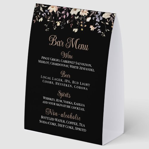 Elegant Floral Black Boho Wedding Reception Paper Table Tent