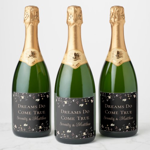 Elegant Floral Black Boho Wedding Reception Sparkling Wine Label
