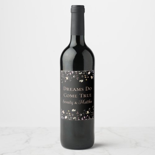 Elegant Floral Black Boho Wedding Reception Wine Label