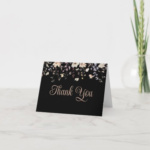 Elegant Floral Black Boho Wedding Thank You Card