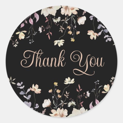 Elegant Floral Black Boho Wedding Thank You Classic Round Sticker