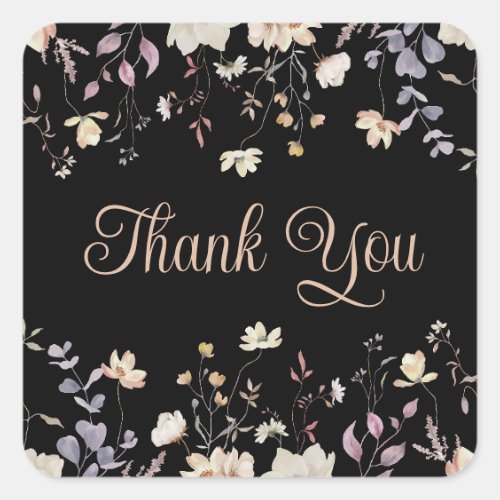 Elegant Floral Black Boho Wedding Thank You Square Sticker