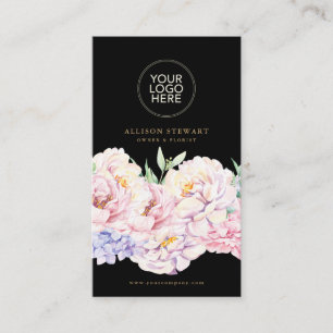 Elegant Floral Black Business Card with QR code