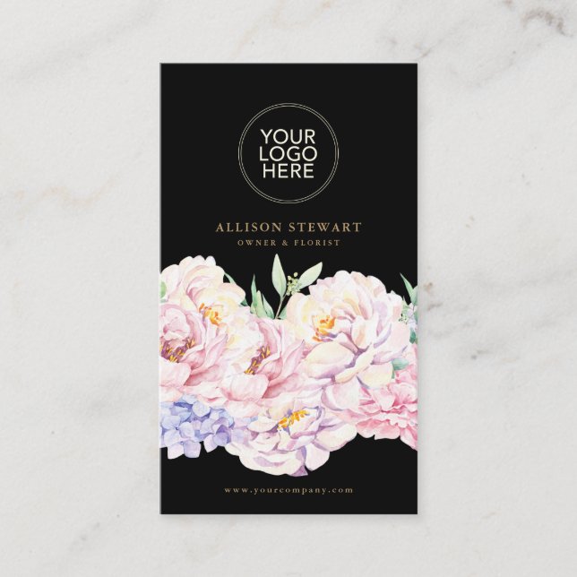Elegant Floral Black Business Card with QR code  (Front)