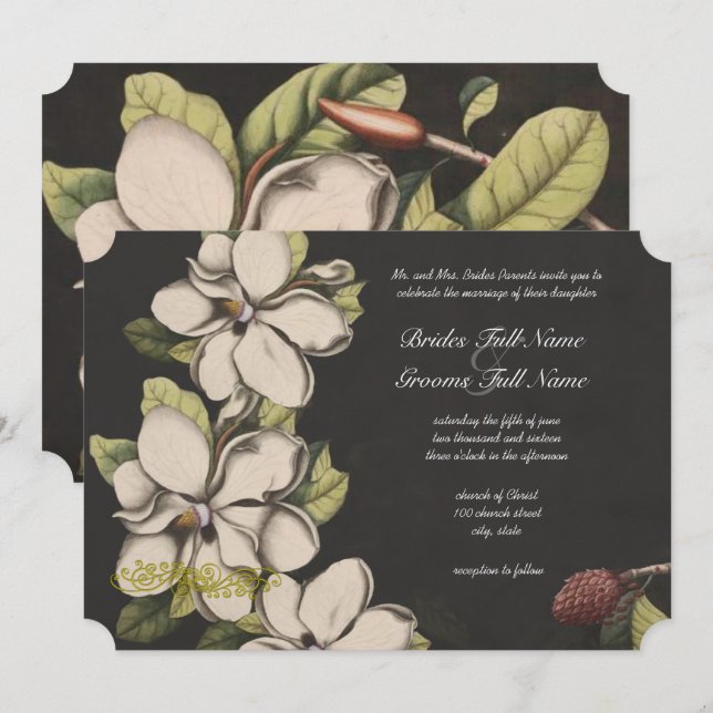 Elegant Floral Black Copper Magnolia Wedding Invitation (Front/Back)