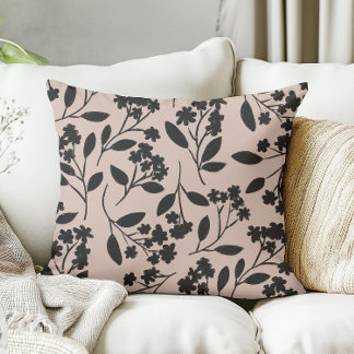 Elegant Floral Black Flowers on Dusty Pink Throw Pillow