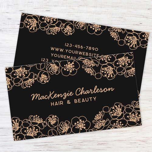 Elegant Floral Black Gold Business Card