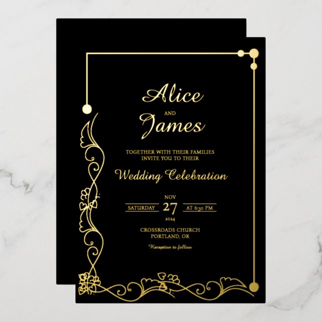 Elegant Floral Black Gold Foil Wedding Invitation (Front/Back)