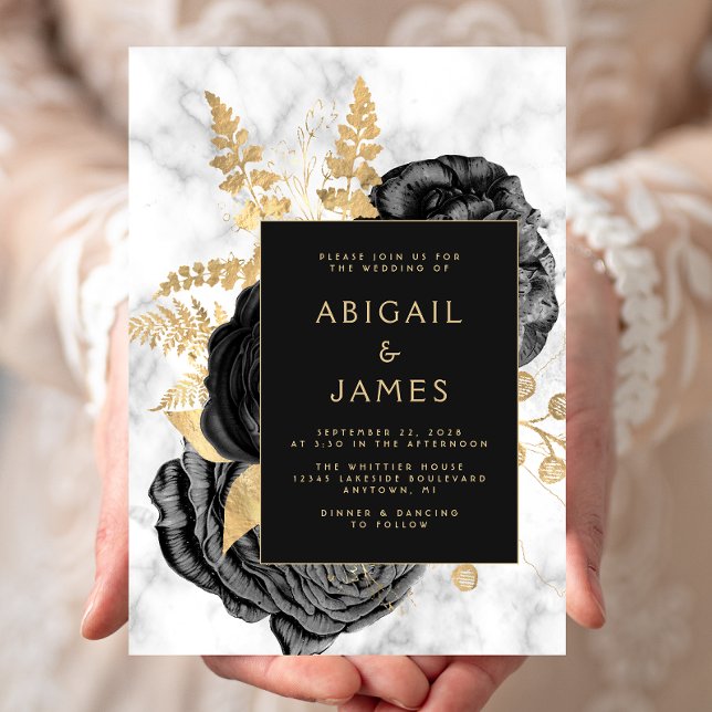 Elegant Floral Black Gold Gray Marble Wedding Invitation (Creator Uploaded)