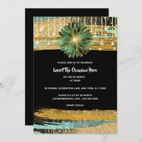 Elegant Floral black gold teal birthday party Invitation