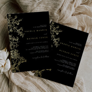 Elegant Floral Black Gold Wedding Foil Invitation