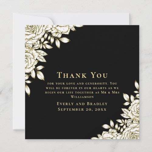 Elegant Floral Black Gold White Thank You Card 