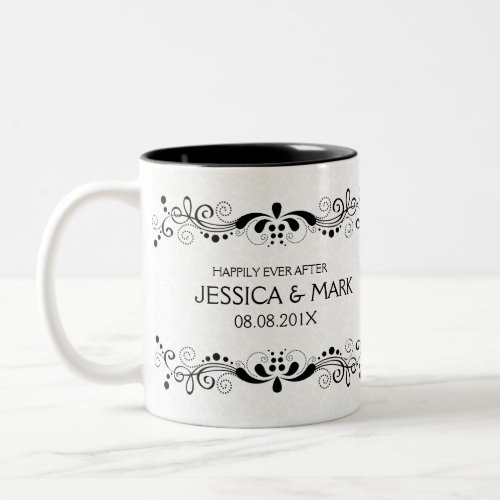 Elegant Floral Black Lace With White Damask Two_Tone Coffee Mug