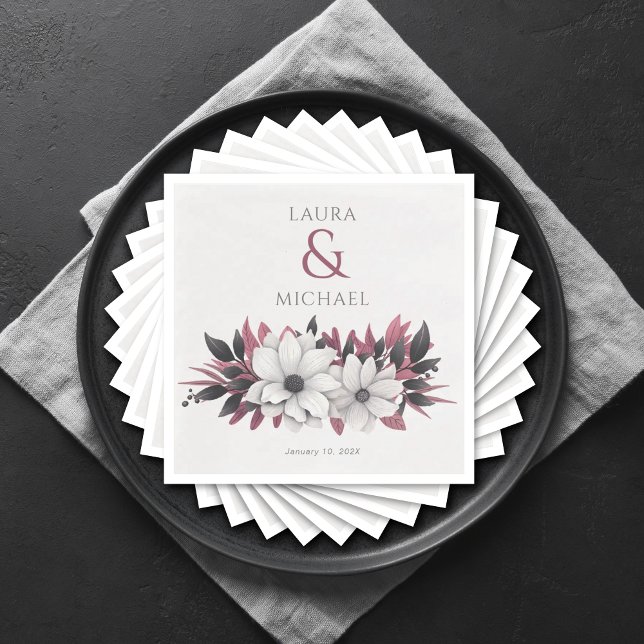 Elegant Floral Black Magenta Wedding Paper Napkins (Creator Uploaded)