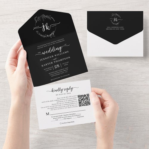 Elegant Floral Black Monogram QR Code Wedding All In One Invitation