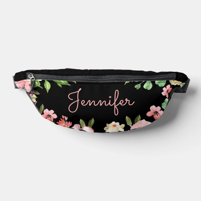 elegant floral black pink personalized  fanny pack (Lay Down)