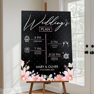 Elegant Floral Black & Pink Wedding Day Timeline Foam Board