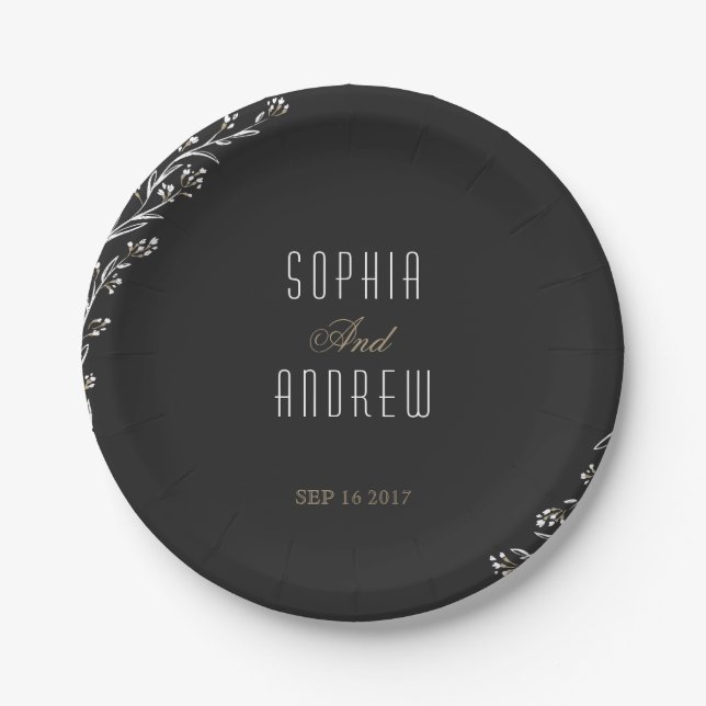 Elegant floral black rustic wedding monogram paper plates (Front)