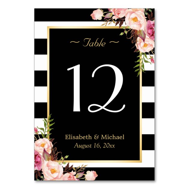Elegant Floral Black Stripes Wedding Table Number Card