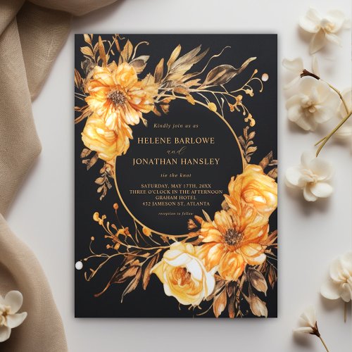 Elegant Floral Black Wedding Invitation