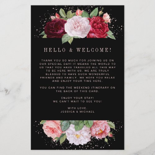 Elegant Floral Black Wedding Welcome Itinerary