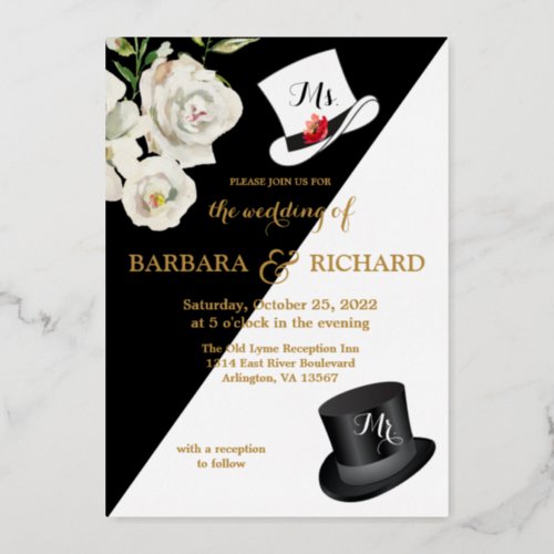 Elegant Floral Black  White Foil Wedding Foil Invitation