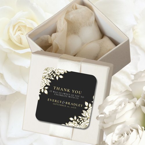 Elegant  Floral Black White Gold Minimal Wedding Square Sticker