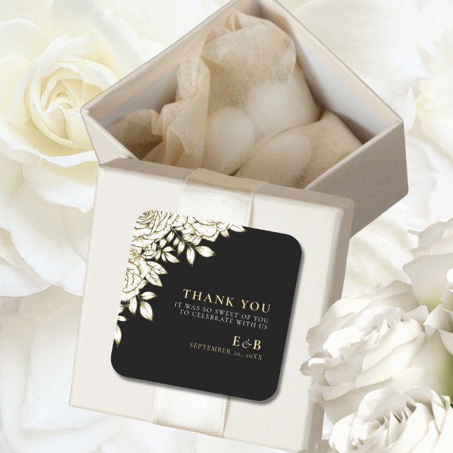 Elegant Floral Black White Gold Monogram Wedding Square Sticker (Creator Uploaded)