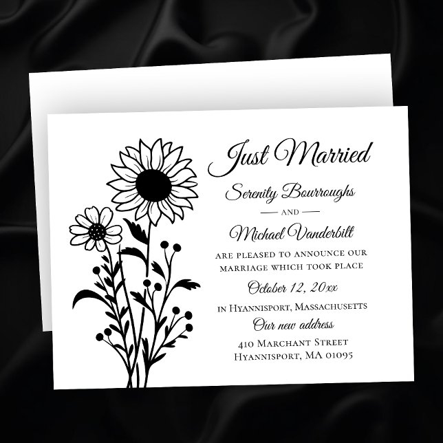 Elegant Floral Black White Just Married Wedding Announcement (Creator Uploaded)