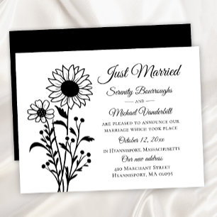 Elegant Floral Black White Just Married Wedding Announcement