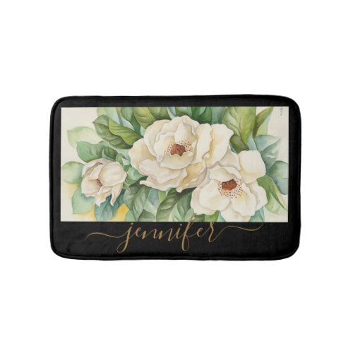 Elegant Floral Black White Magnolia Flowers Name Bath Mat