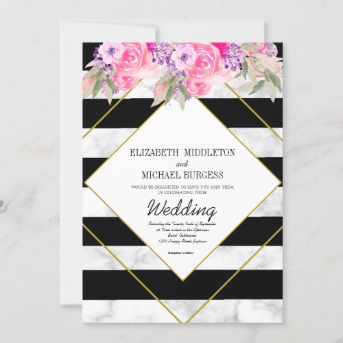 Elegant Floral  Black White Marble Striped Wedding Invitation