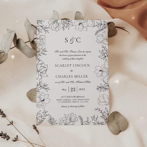 Elegant Floral Black  White Monogram Wedding Invitation