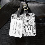 Elegant Floral Black White Name Monogram Luggage Tag<br><div class="desc">Upgrade your travel style with this chic luggage tag featuring a modern black-and-white floral and botanical pattern. The front showcases a bold serif initial monogram paired with your first name in elegant script typography, creating a sophisticated look. On the back, a hint of the floral pattern at the top adds...</div>