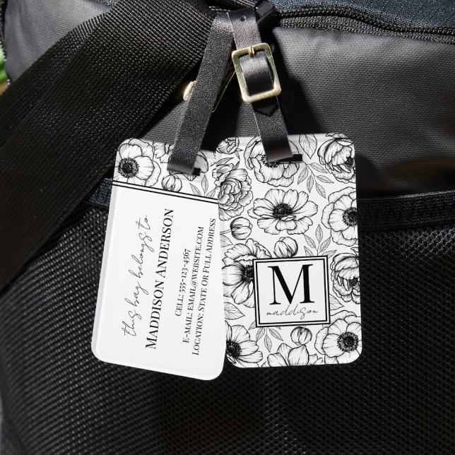 Elegant Floral Black White Name Monogram Luggage Tag (Elegant Black White Name Monogram Luggage Tag)