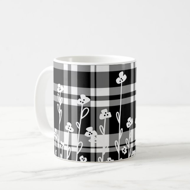 Elegant floral black white plaid pattern coffee mug (Front Left)