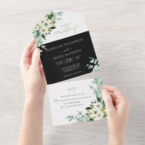 Elegant Floral Black White Rose Watercolor Wedding All In One Invitation