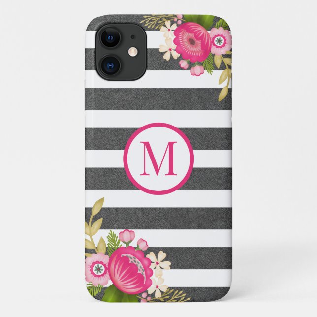 Elegant Floral Black White Stripe Monogram  Case-Mate iPhone Case (Back)