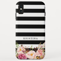 Elegant Floral Black White Striped Monogram Name iPhone XS Max Case