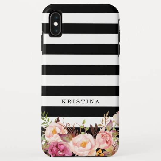 Elegant Floral Black White Striped Monogram Name Case Mate Iphone