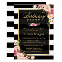 Elegant Floral Black White Stripes Birthday Party Card
