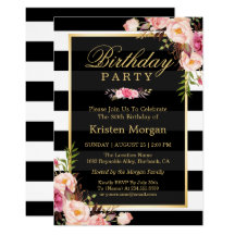 Elegant Floral Black White Stripes Birthday Party Card