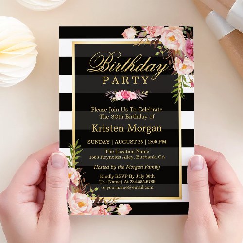 Elegant Floral Black White Stripes Birthday Party Invitation