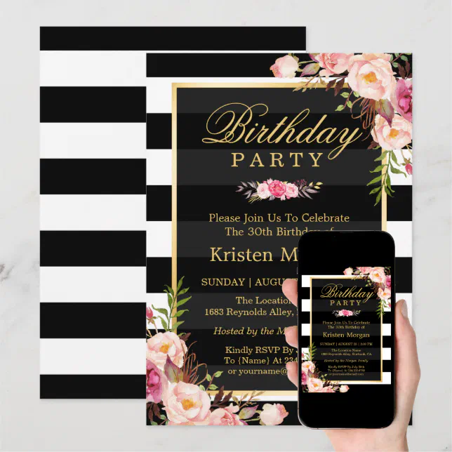 Elegant Floral Black White Stripes Birthday Party Invitation | Zazzle