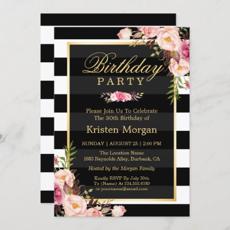 Elegant Floral Black White Stripes Birthday Party Invitation