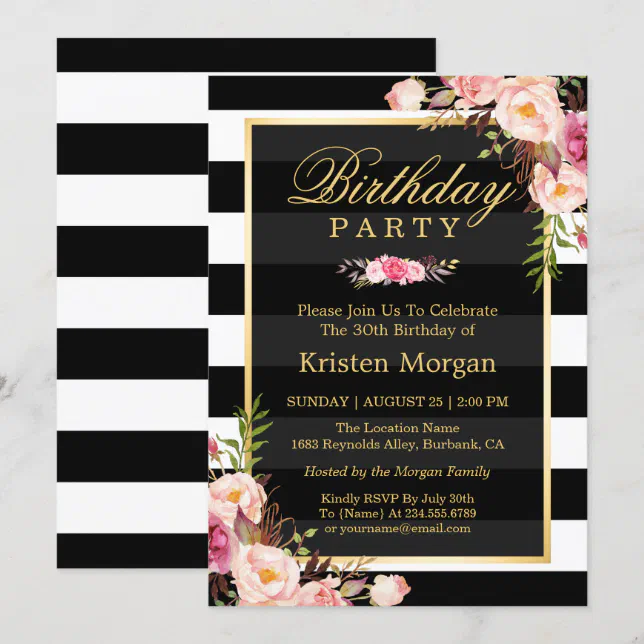 Elegant Floral Black White Stripes Birthday Party Invitation | Zazzle